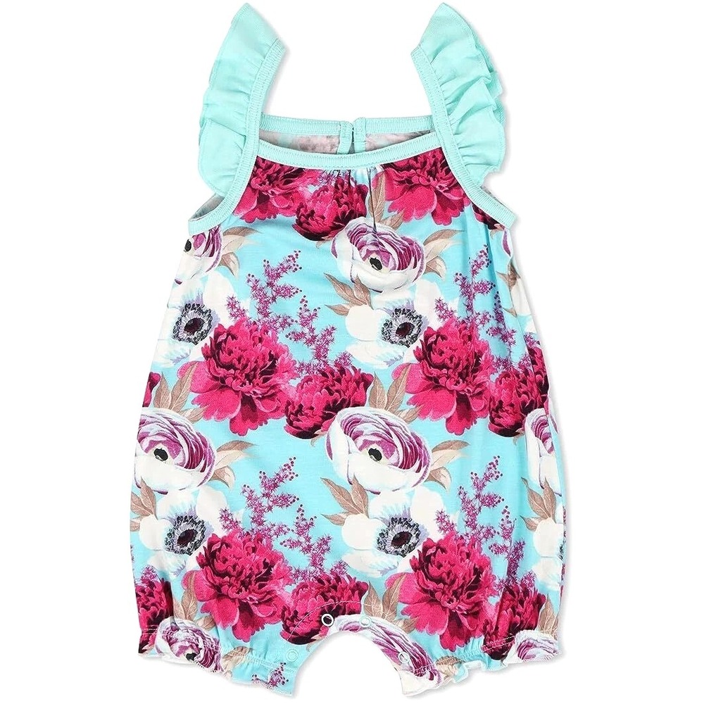 BESTAROO NWT Aqua Floral Magenta Roses Ruffle Bubble Shortie Romper 6-12m